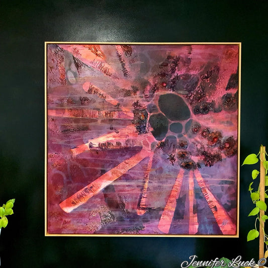 Crimson coloured abstract painting of a sea urchin. Shown framed in Tasmanian Oak on a black wall.