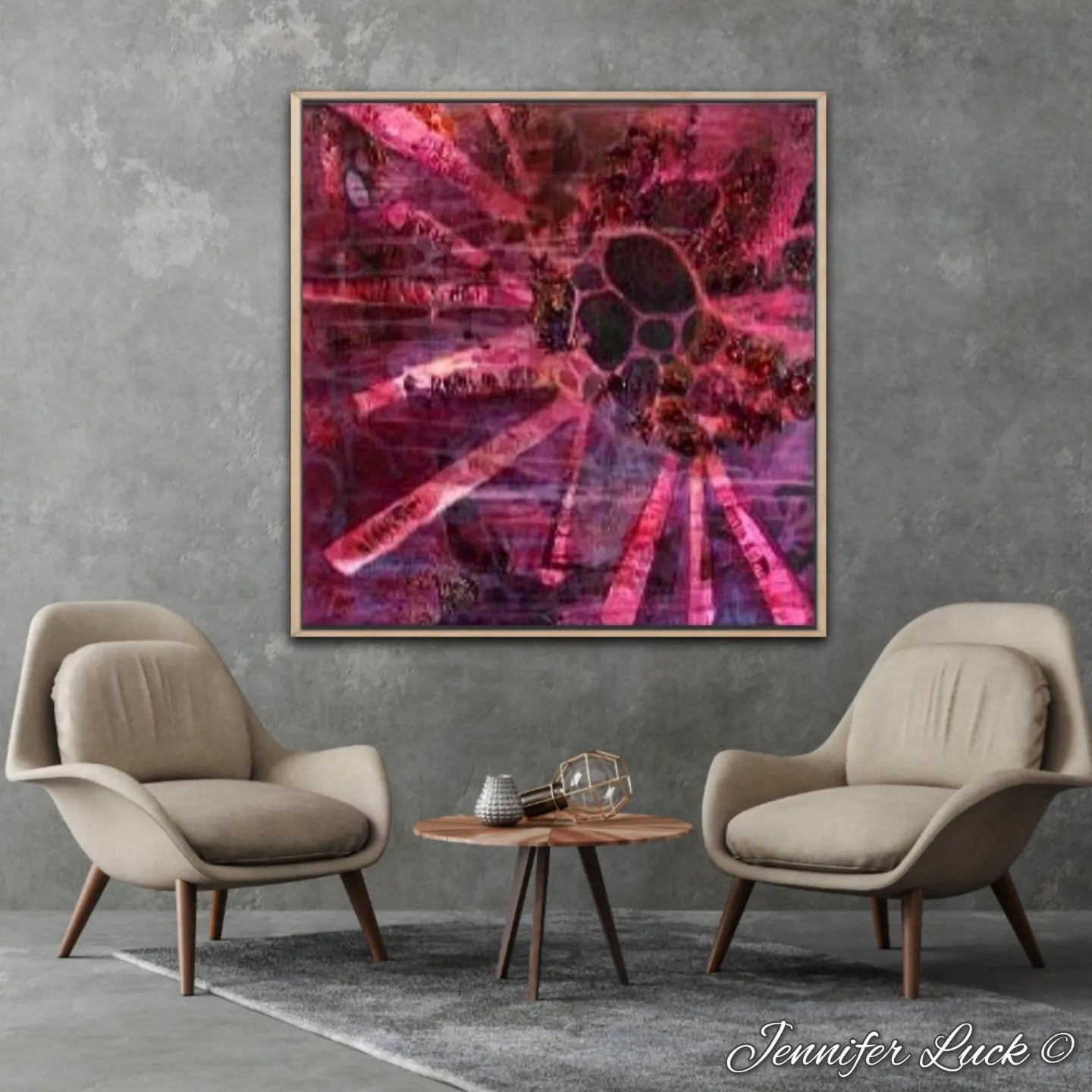 Crimson coloured abstract painting of a sea urchin. Shown framed in Tasmanian Oak on a sitting room wall.