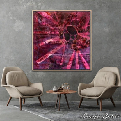 Crimson coloured abstract painting of a sea urchin. Shown framed in Tasmanian Oak on a sitting room wall.