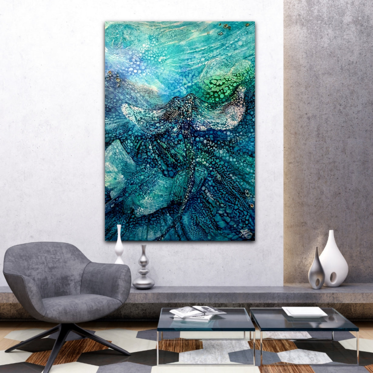 Stingrays in an oil painting. Shown in situ on a white wall.