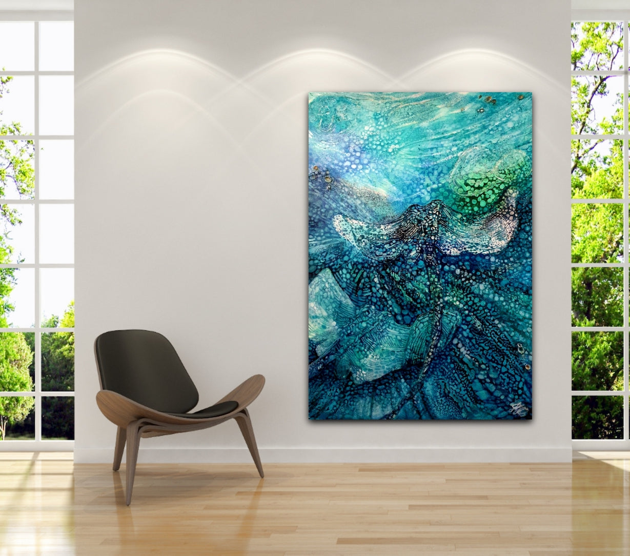 Stingrays in an oil painting. Shown on a sitting room wall.