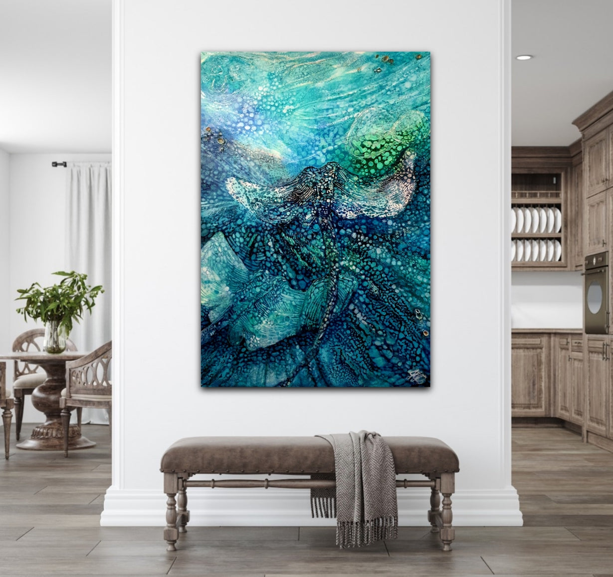 Stingrays in an oil painting. Shown on a white wall.