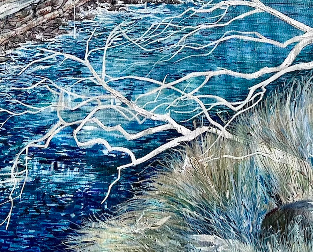 Abstract painting showing a headland jutting out into the ocean, in shades of blue and white. Detail view shown here.