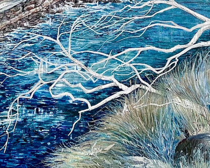 Abstract painting showing a headland jutting out into the ocean, in shades of blue and white. Detail view shown here.