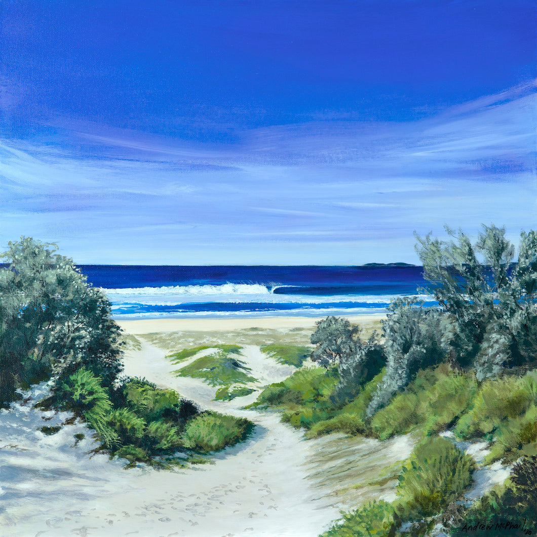 Andrew McPhail, original painting, I love the interaction with water, light and place.Tracks to a beautiful surf, views through the trees, pools and kelp, shadows and ripples, waves forming and breaking. It's always a place that means something to me.
