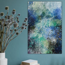 Load image into Gallery viewer, Under the ocean original artwork in shades of blue, turquoise, black and white. Showing the play of light through the water ripples.  Shown in situ against a turquoise wall.
