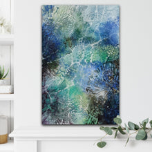 Load image into Gallery viewer, Vertical view of an original oil painting showing the play of light through water ripples in the ocean. Shown in situ on a white wall.
