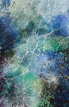 Load image into Gallery viewer, Under the ocean original artwork in shades of blue, turquoise, black and white. Showing the play of light through the water ripples. Painting shown in vertical view.
