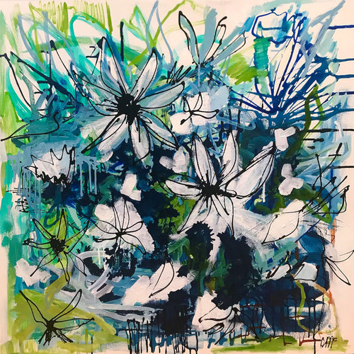 Abstract painting of flowers in shades of citrus, turquoise, inky blue and off white against a cream background.