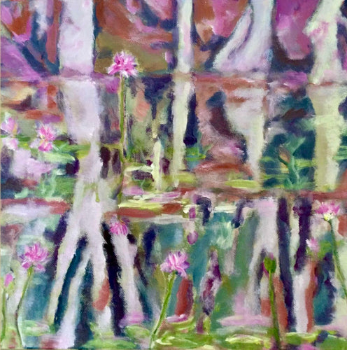 Water Lilies painting in an abstract expressionist style in shades of pink, yellow and pale green.