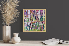 Load image into Gallery viewer, Water Lilies painting in an abstract expressionist style in shades of pink, yellow and pale green. In situ on a dark grey wall.

