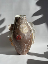 Load image into Gallery viewer, hand crafted abstract ceramic vase in brown with touches of red, sand, white and green.
