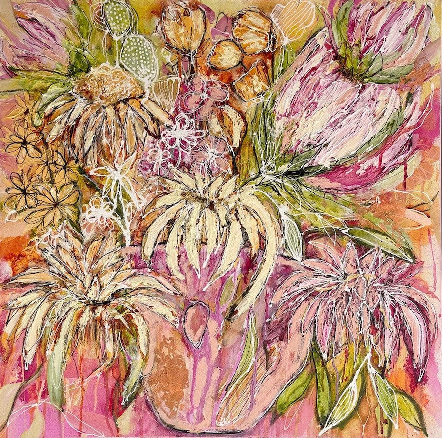 Wild flowers in a vase, painted in an expressionist style in shades of pink, green and yellow.