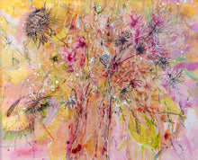 Load image into Gallery viewer, Masses of wildflowers in a painting in shades of pink, yellow, apricot and gold.
