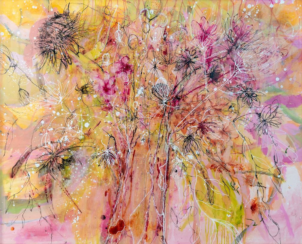Masses of wildflowers in a painting in shades of pink, yellow, apricot and gold.