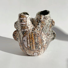 Load image into Gallery viewer, Abstract hand crafted ceramic vase in tones of cream, pink, green and tan.
