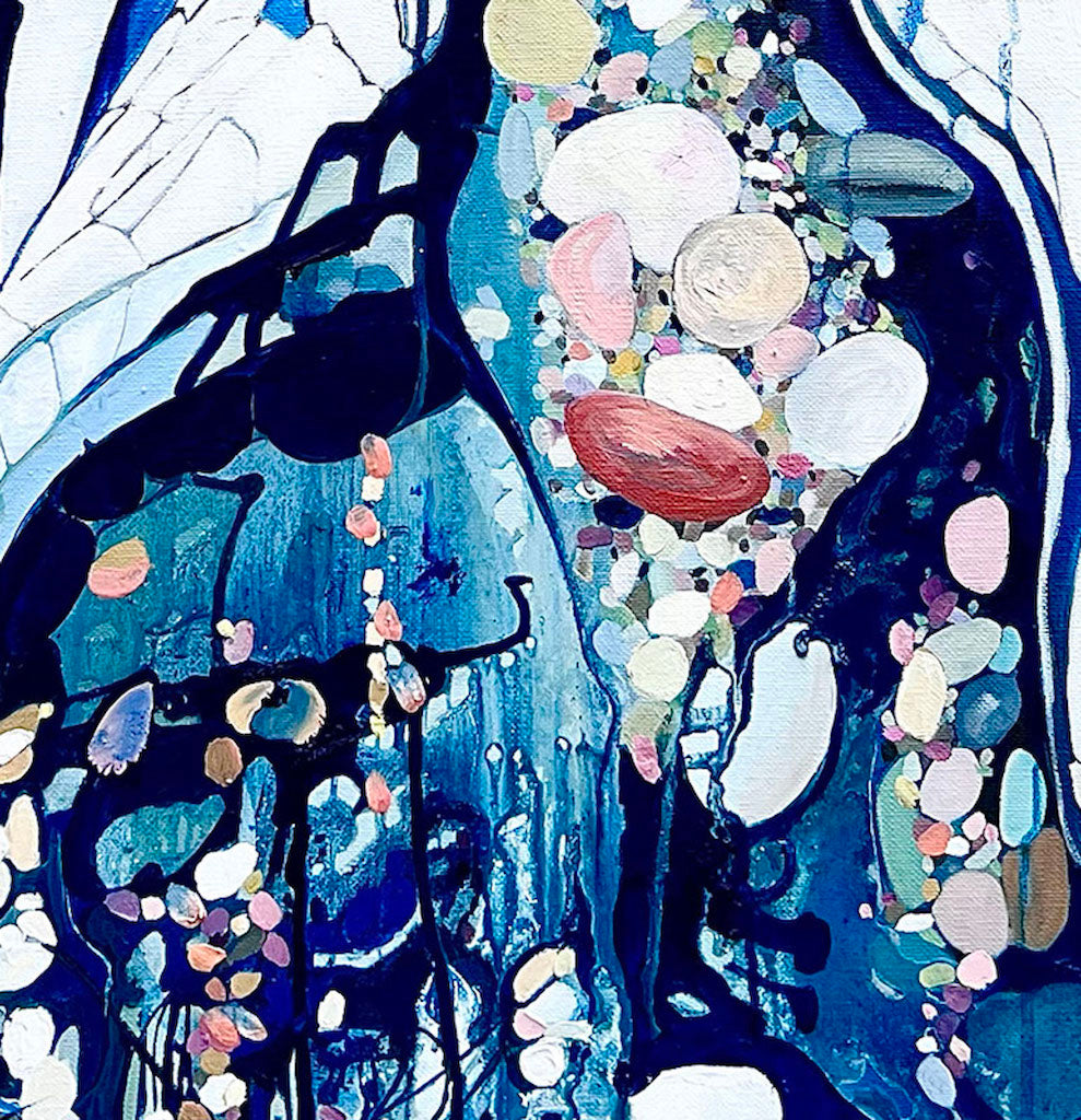 Abstract rockpool in a myriad of shades including blue, white aqua turquoise and rose and pink.  Detail view.