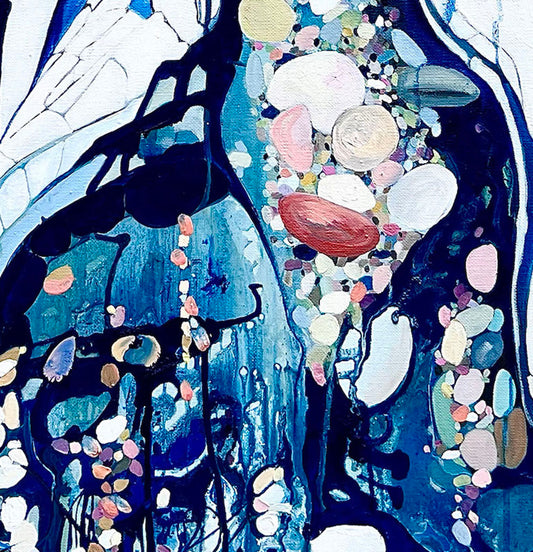 Abstract rockpool in a myriad of shades including blue, white aqua turquoise and rose and pink.  Detail view.