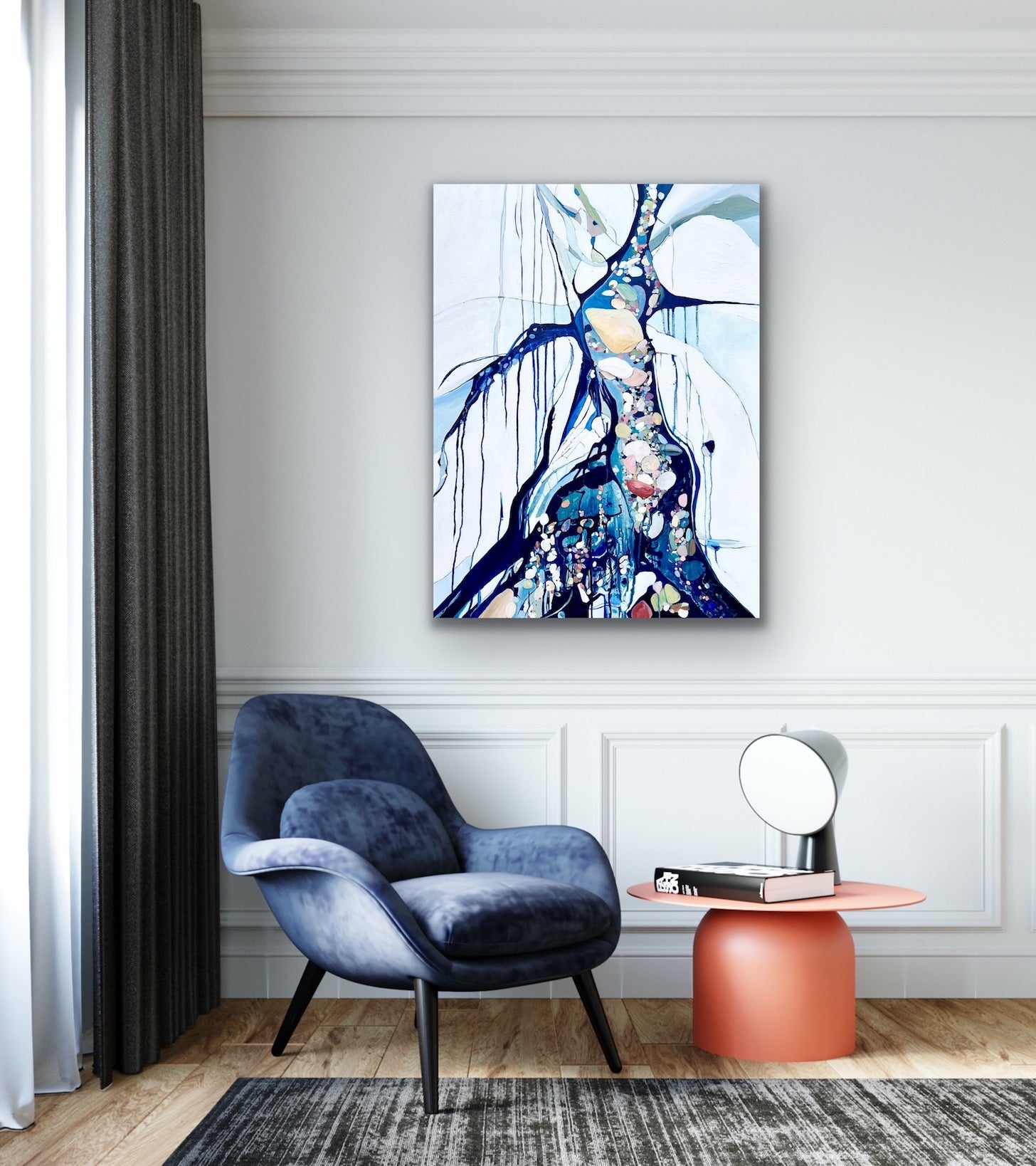 Abstract rockpool in a myriad of shades including blue, white aqua turquoise and rose and pink.  Shown on a sitting room wall.