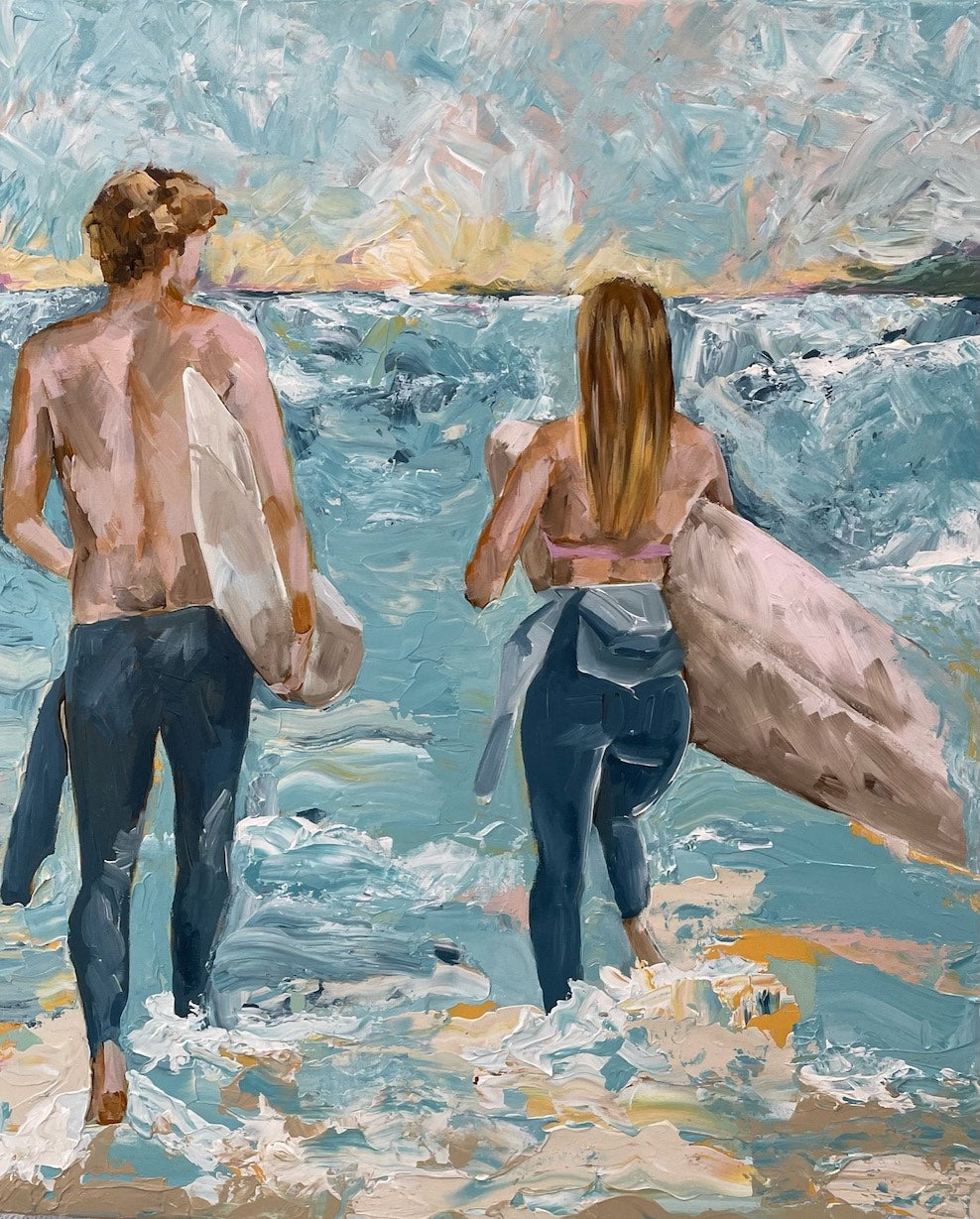 Surf painting with a man and woman standing on the edge of the ocean with surfboards under their arms.