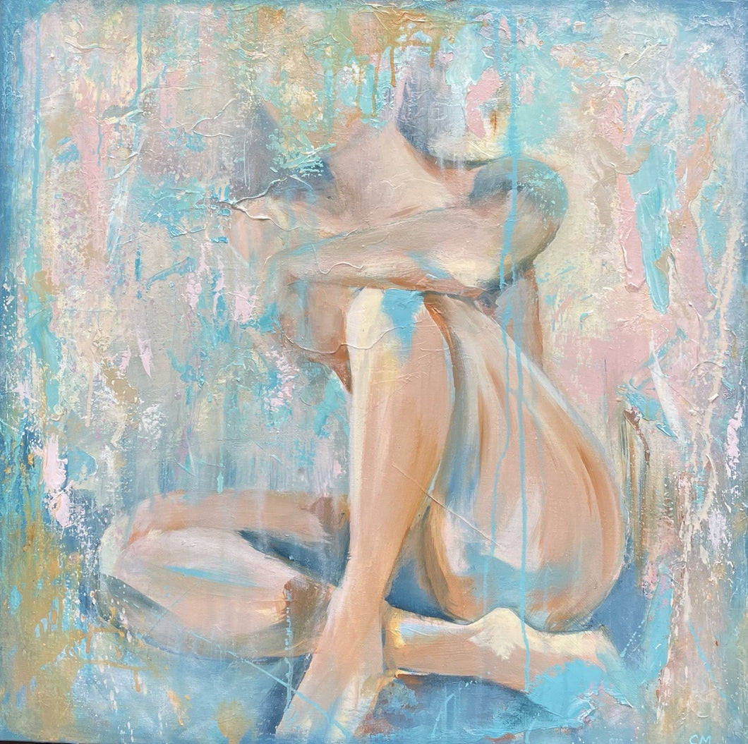 Nude figurative painting of a female against a pastel-hued background. 