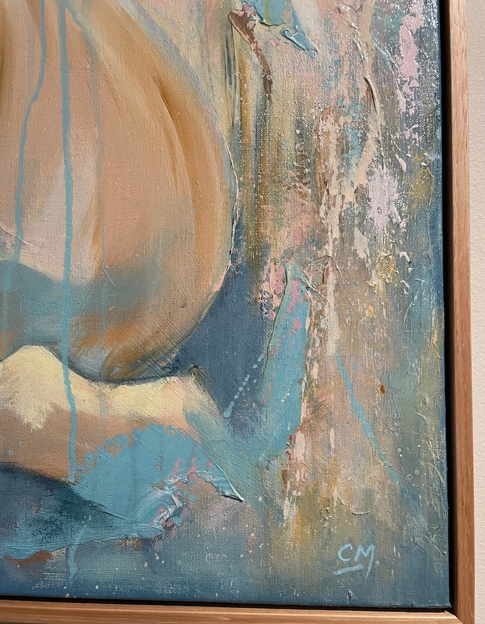 Nude figurative painting of a female against a pastel-hued background. Shown here in close up view.