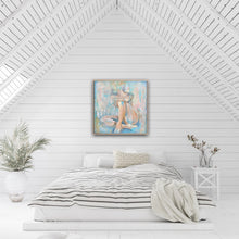 Load image into Gallery viewer, Nude figurative painting of a female against a pastel-hued background. Shown here on a white panelled bedroom wall.
