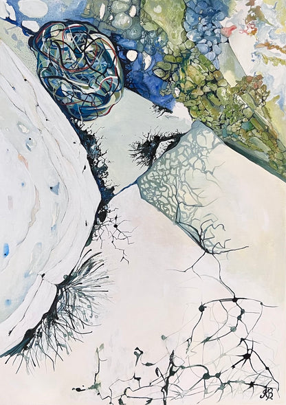 Abstract painting in shades of white, blue and green.