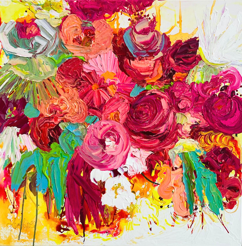Original painting of pink, red and orange blooms with splashes of green, yellow and white.
