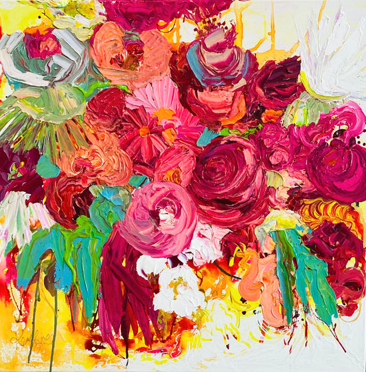 Original painting of pink, red and orange blooms with splashes of green, yellow and white.