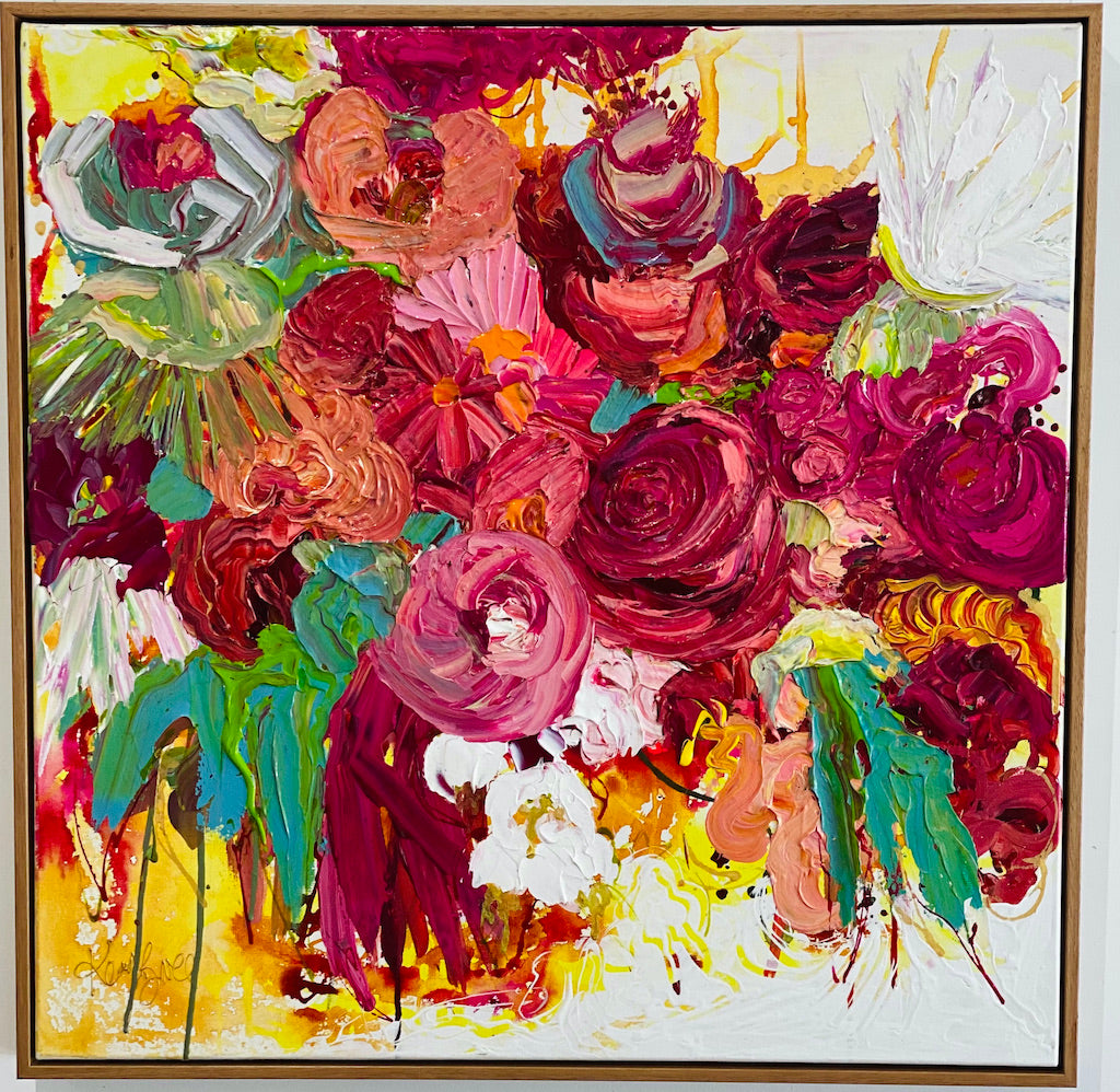 Original painting of pink, red and orange blooms with splashes of green, yellow and white.
