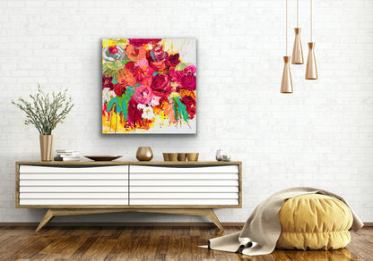 Original painting of pink, red and orange blooms with splashes of green, yellow and white.