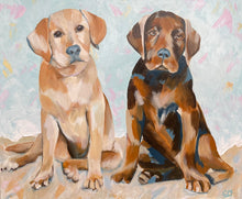 Load image into Gallery viewer, A cream Labrador and a brown Labrador standing side by side against a blue and beige pastel background.
