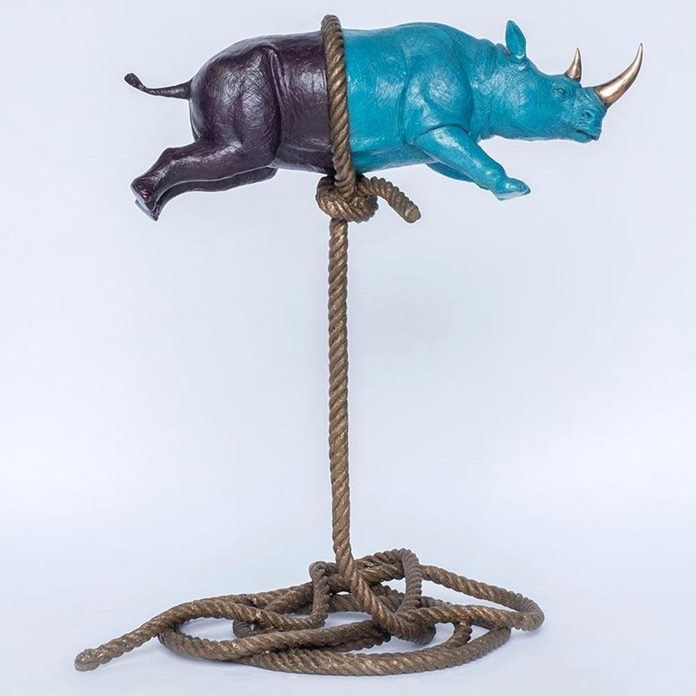 Gillie and Marc, Flying Psychedelic Rhino on short Rope, Bronze sculpture # 1/10