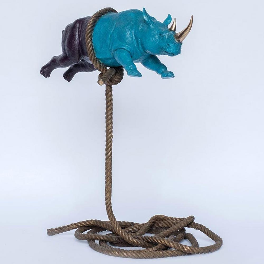 Gillie and Marc, Flying Psychedelic Rhino on short Rope, Bronze sculpture # 1/10