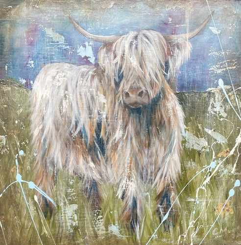 Highland cows standing in long grass, painted in soft pastel colours.