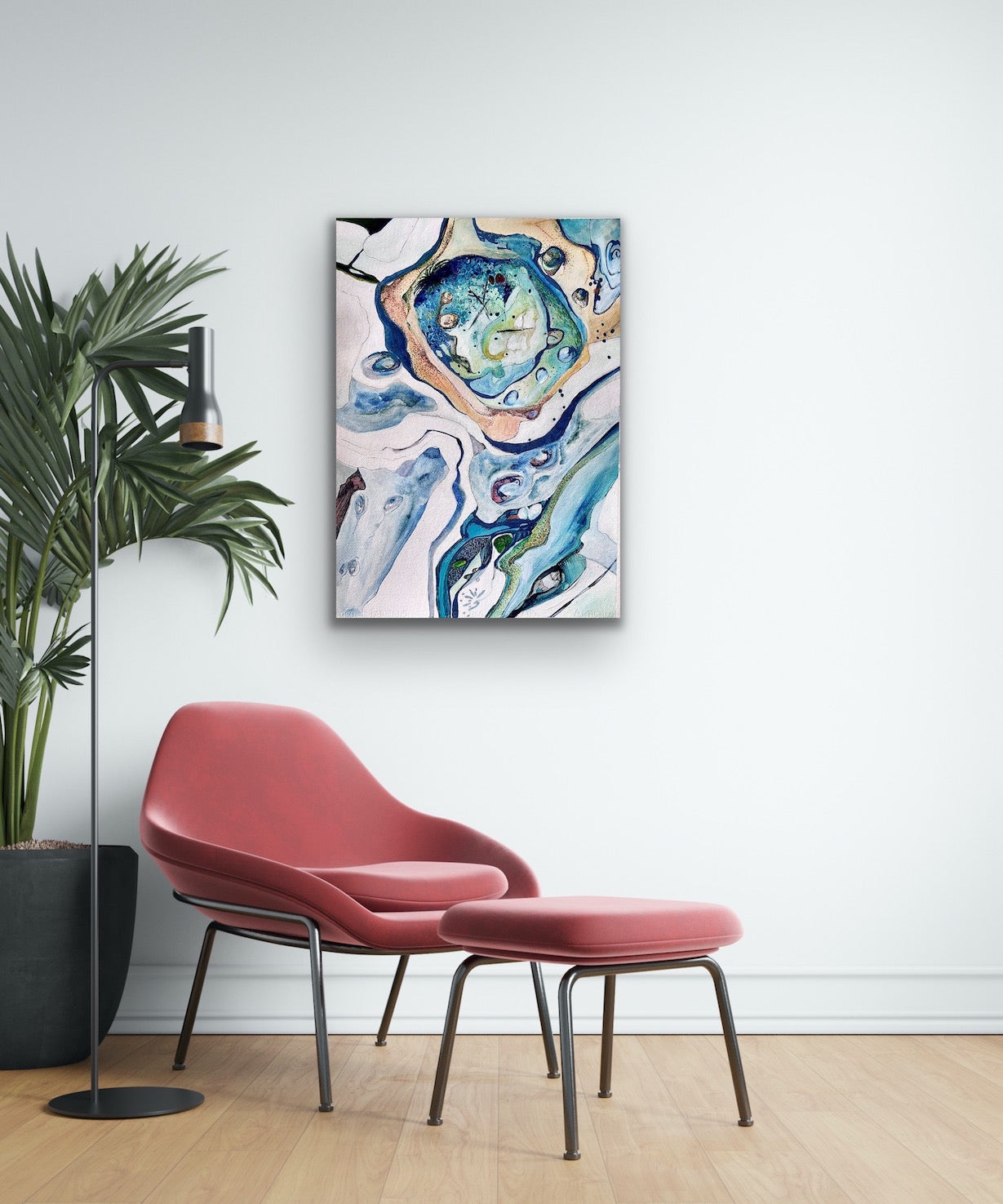 Abstract rockpool in shades of blue, green, turquoise, citrus, pink and white. Shown on a sitting room wall.
