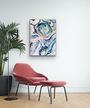 Load image into Gallery viewer, Abstract rockpool in shades of blue, green, turquoise, citrus, pink and white. Shown on a sitting room wall.
