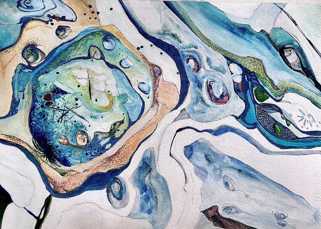 Abstract rockpool in shades of blue, green, turquoise, citrus, pink and white.