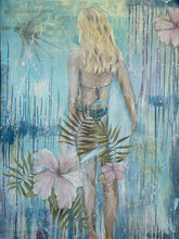Load image into Gallery viewer, Acrylic painting of a girl in a blue bikini, holding a surfboard under her arm, against a blue background of varying shades of blue and pink, with pale pink flowers.
