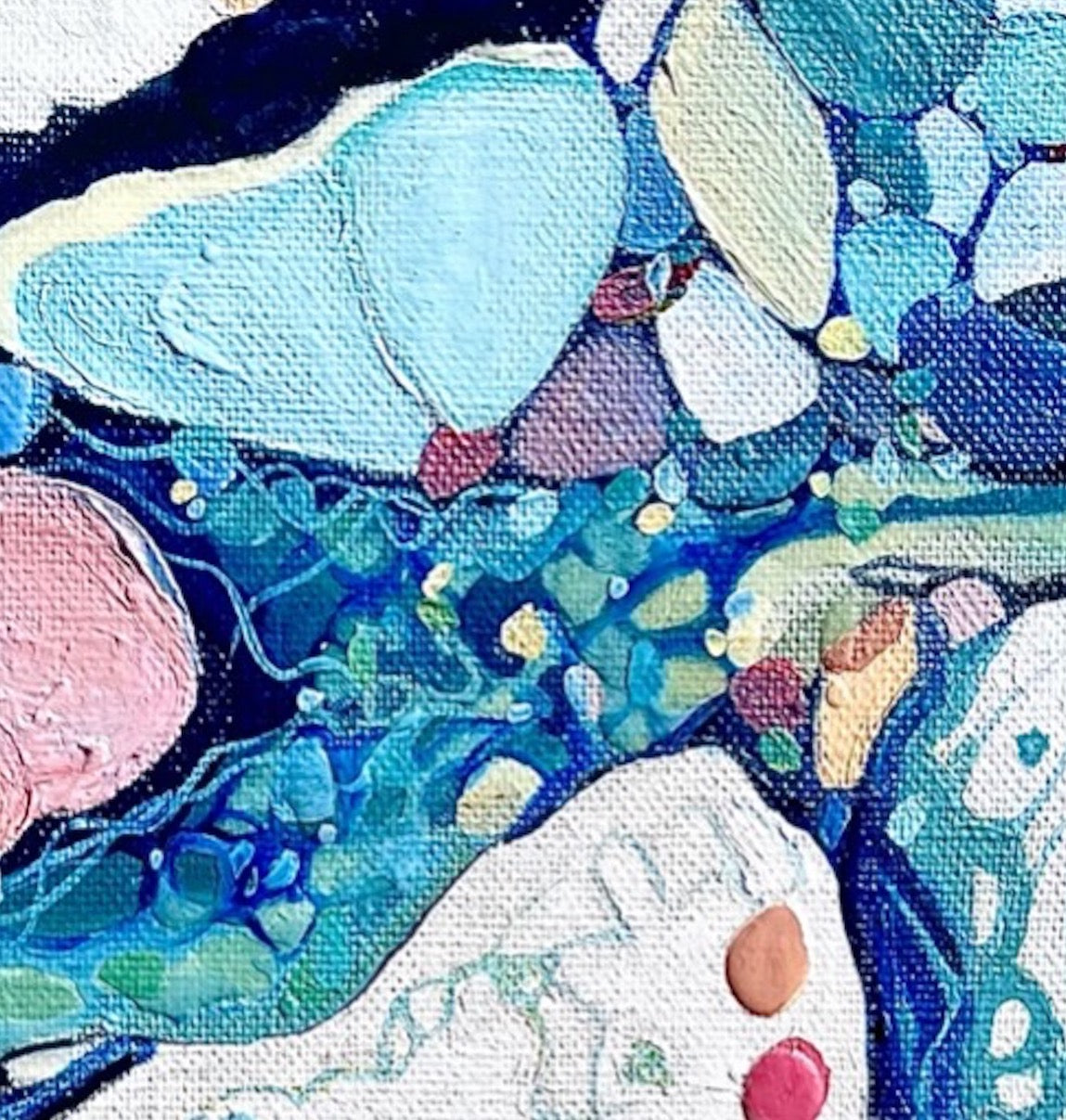 Contemporary abstract painting depicting a rock pool in shades of blue, aqua, turquoise, rose, mauve, pink ochre and white. Detail view.