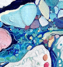 Load image into Gallery viewer, Contemporary abstract painting depicting a rock pool in shades of blue, aqua, turquoise, rose, mauve, pink ochre and white. Detail view.
