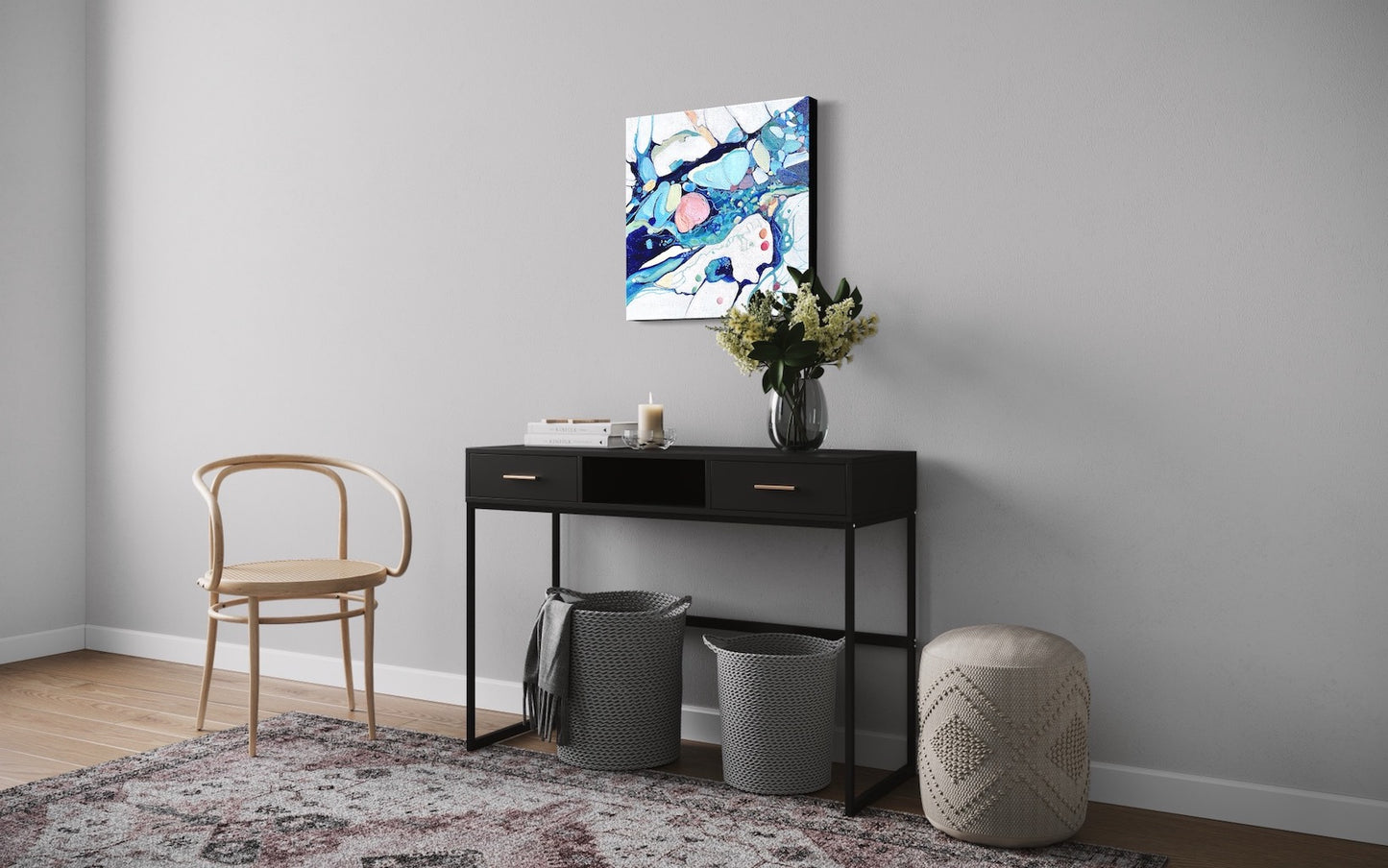 Contemporary abstract painting depicting a rock pool in shades of blue, aqua, turquoise, rose, mauve, pink ochre and white. Shown on a pale grey wall.