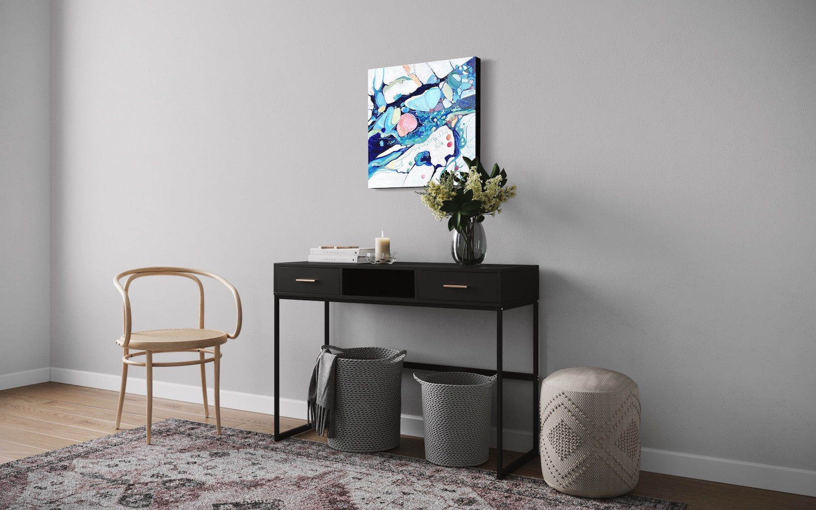 Contemporary abstract painting depicting a rock pool in shades of blue, aqua, turquoise, rose, mauve, pink ochre and white. Shown on a pale grey wall.