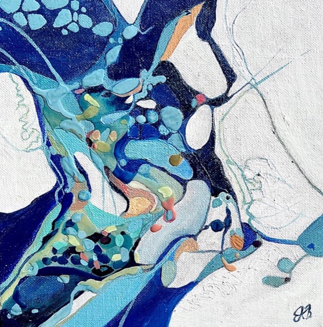 abstract painting of a rock pool in shades of blue, green, aqua, turquoise, rose, ochre, yellow and white.