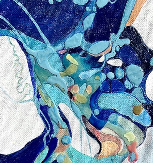 abstract painting of a rock pool in shades of blue, green, aqua, turquoise, rose, ochre, yellow and white. Detail view.