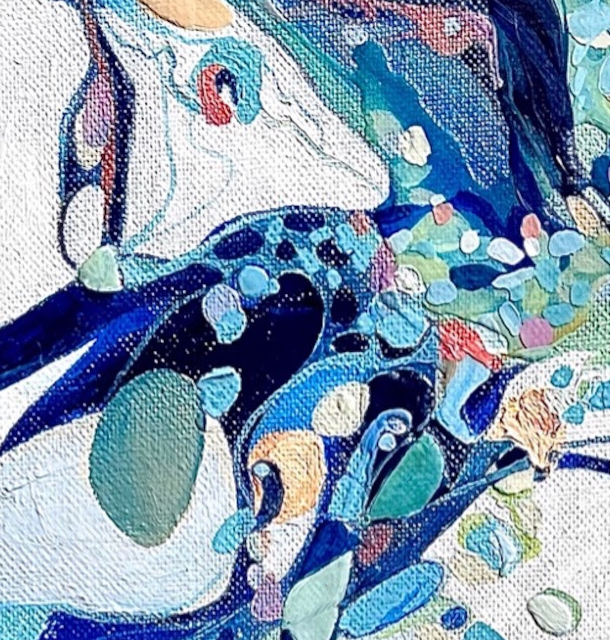Abstract rock pool in shades of blue, aqua, turquoise, rose, mauve, pink ochre and white.