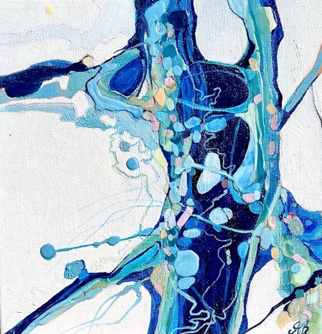 Abstract painting of a rock pool in shades of blue, aqua, turquoise, pink ochre yellow and white.