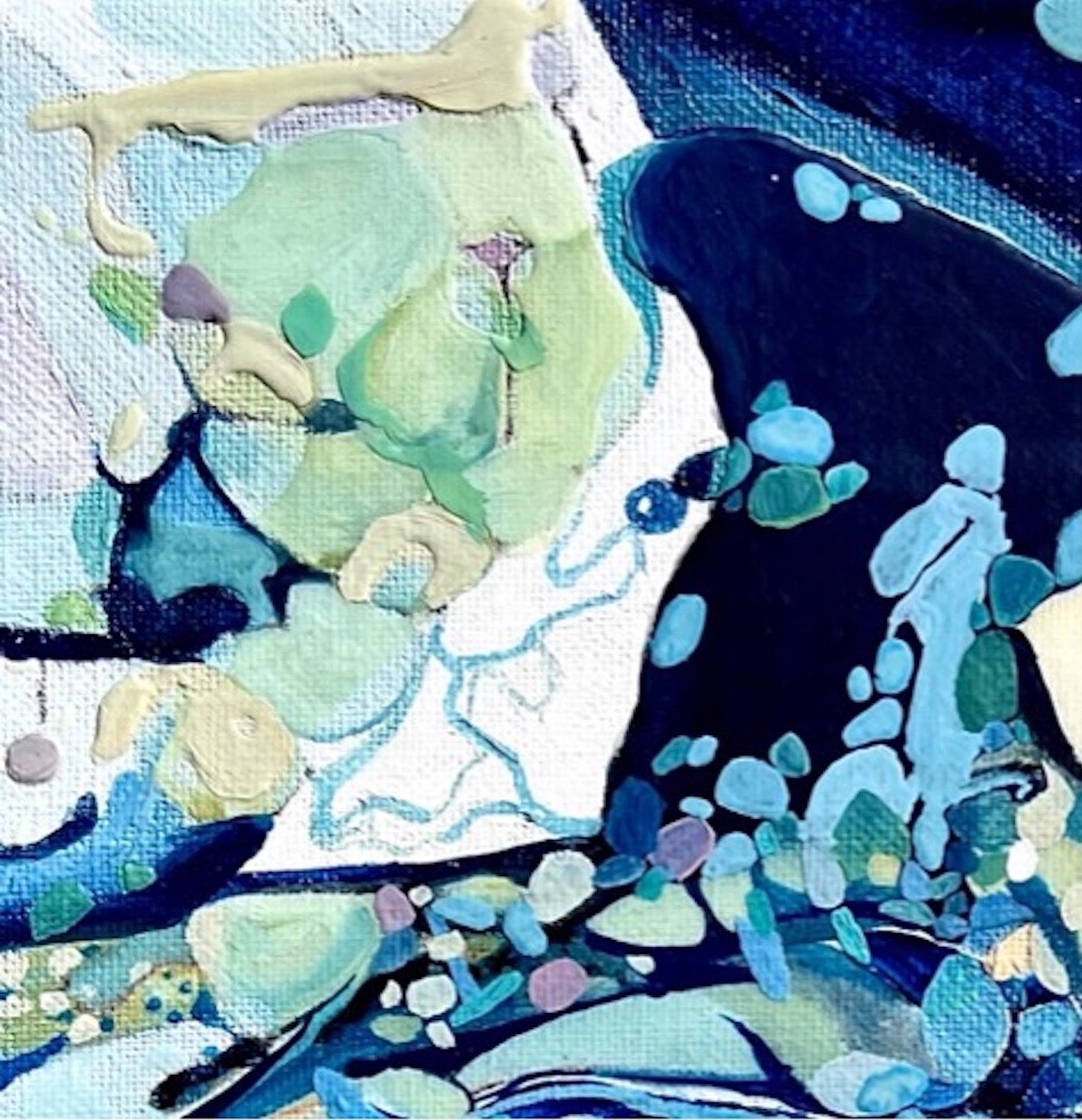 Detail view of a contemporary abstract painting in shades of blue, aqua, turquoise, green, pink, ochre and white.