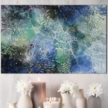 Load image into Gallery viewer, Horizontal view of an original artwork in shades of blue, turquoise, black and white. Showing the play of light through the water ripples. Shown in situ in a living room
